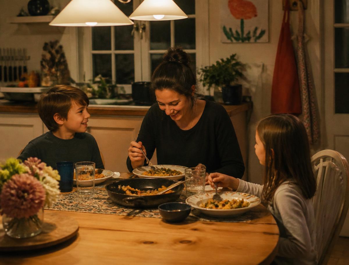 A parent and two children eating a homemade dinner at the kitchen table