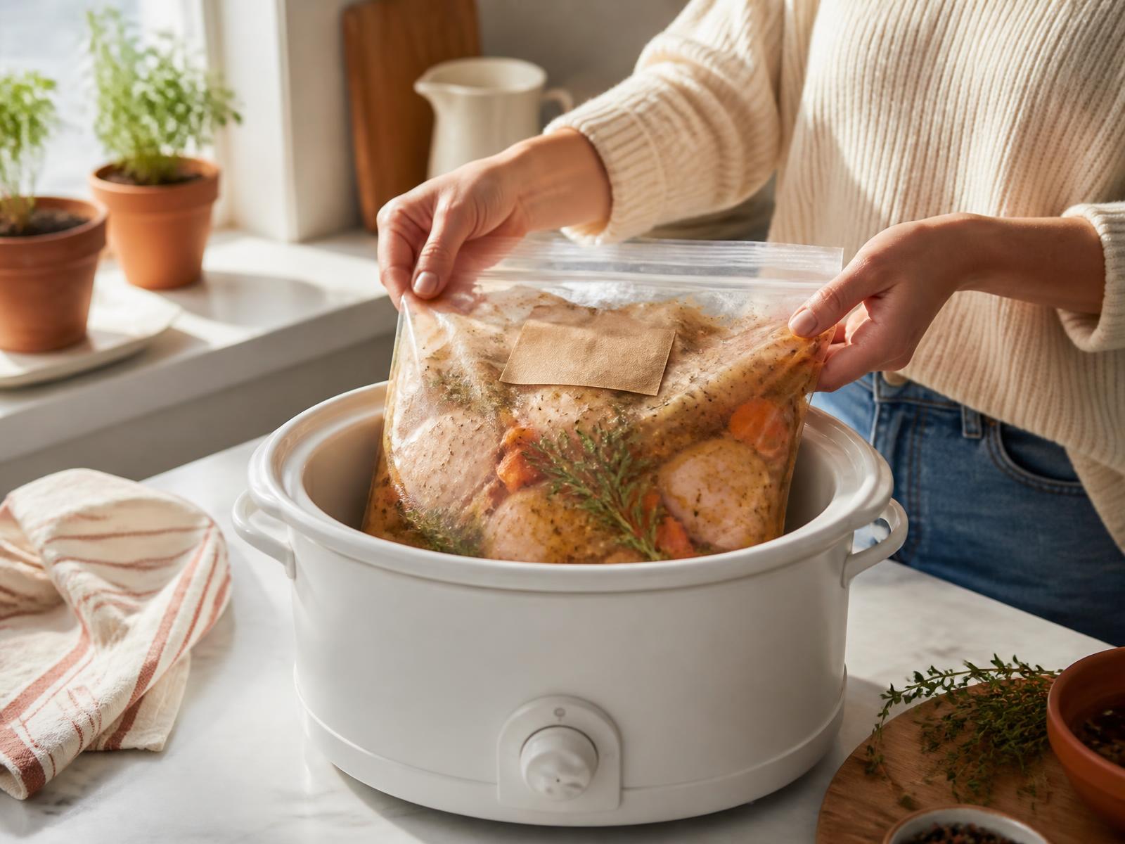 Hands lowering a sealed slow-cooker-safe meal bag into a white crockpot on a kitchen counter