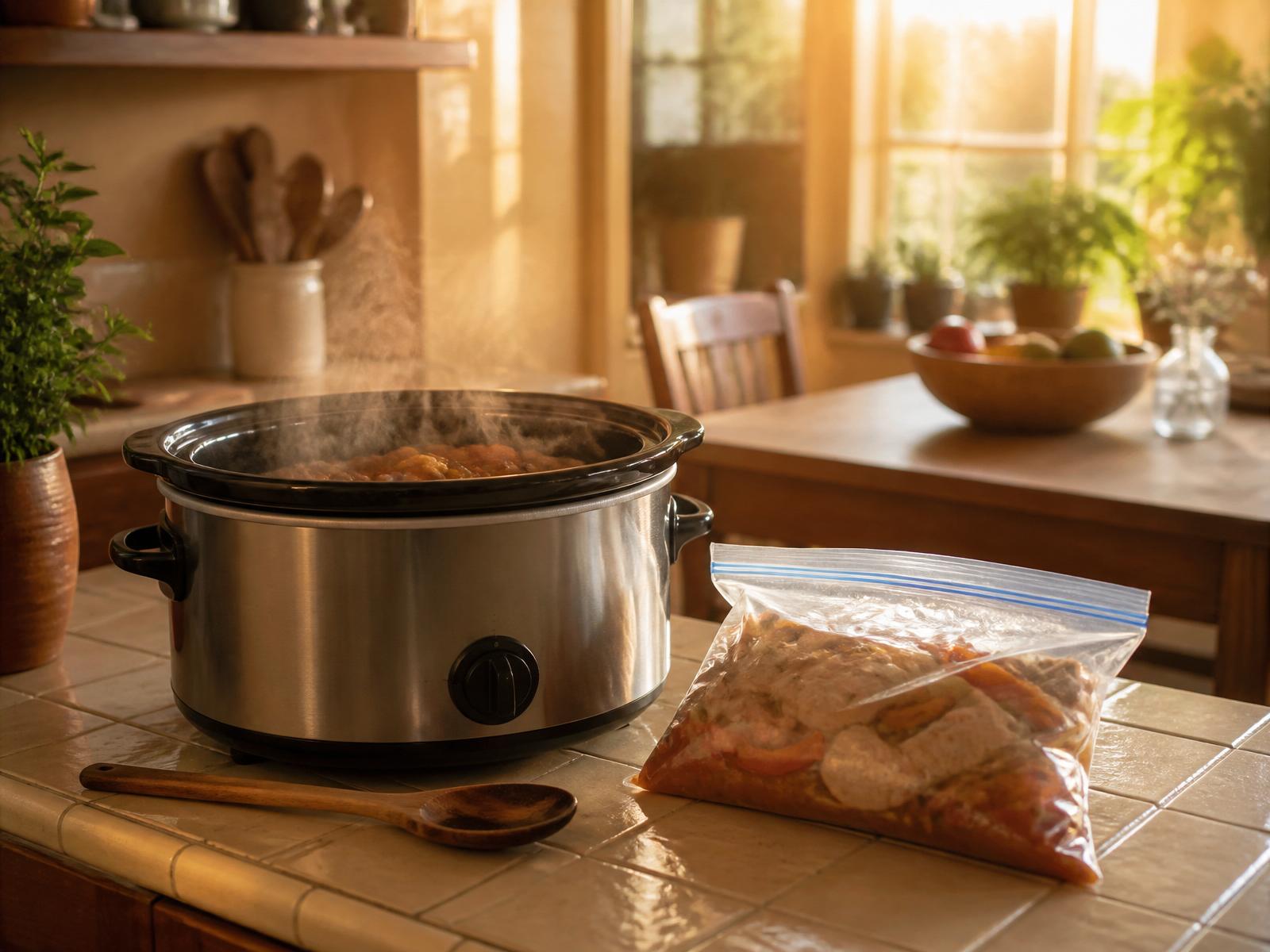 A slow cooker steaming on a kitchen counter next to a prepped freezer bag