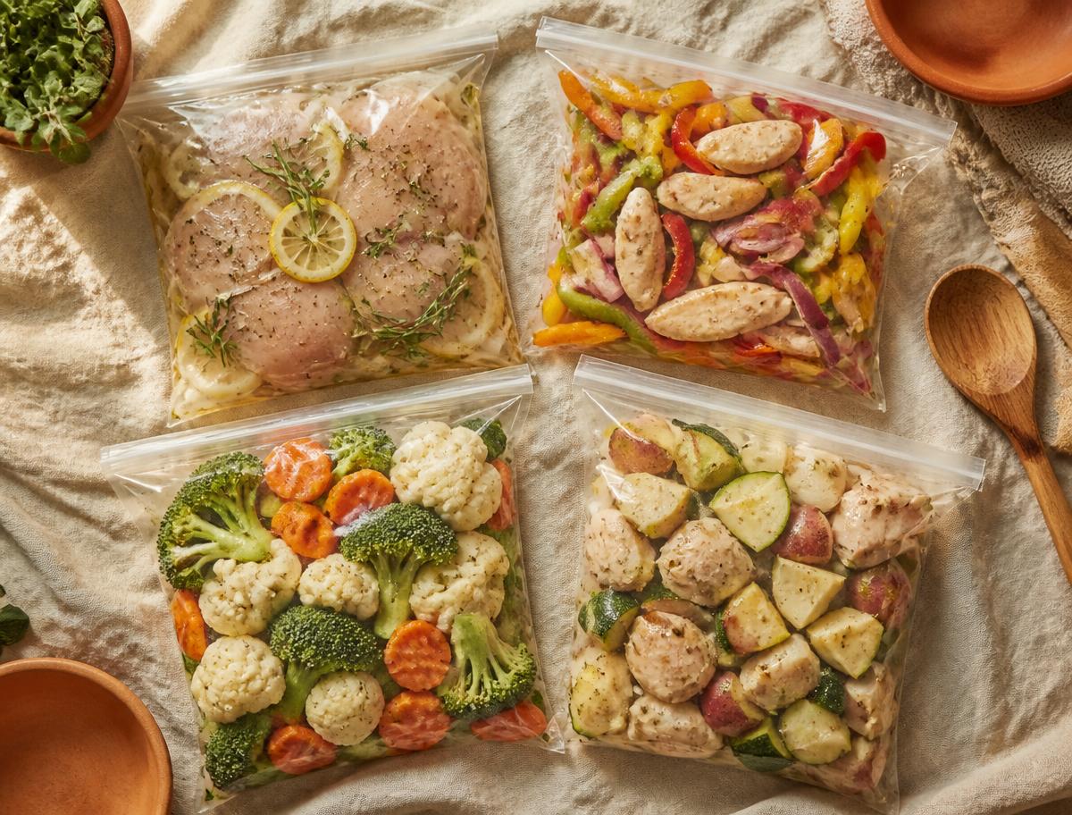 Four prepped freezer bags of chicken and vegetables laid out on linen